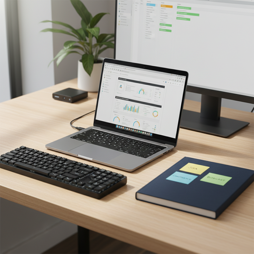 A sleek black mechanical keyboard with subtle white backlighting, a slim silver laptop showing an Atlassian dashboard on screen, and a navy-blue notebook with neatly arranged sticky notes labeled “Jira,” “Confluence,” and “Bitbucket.” They rest on a clean light-wood desk beside a matte black monitor displaying a kanban board. Soft daylight from an unseen window to the left creates gentle reflections on the laptop’s aluminum surface and casts calm shadows across the desk. Background elements, like a blurred plant and a tidy docking station, remain out of focus. Photographic realism, eye-level composition with a slight angle, shallow depth of field, and a clean, modern, professional mood that suggests organized, practical IT work.