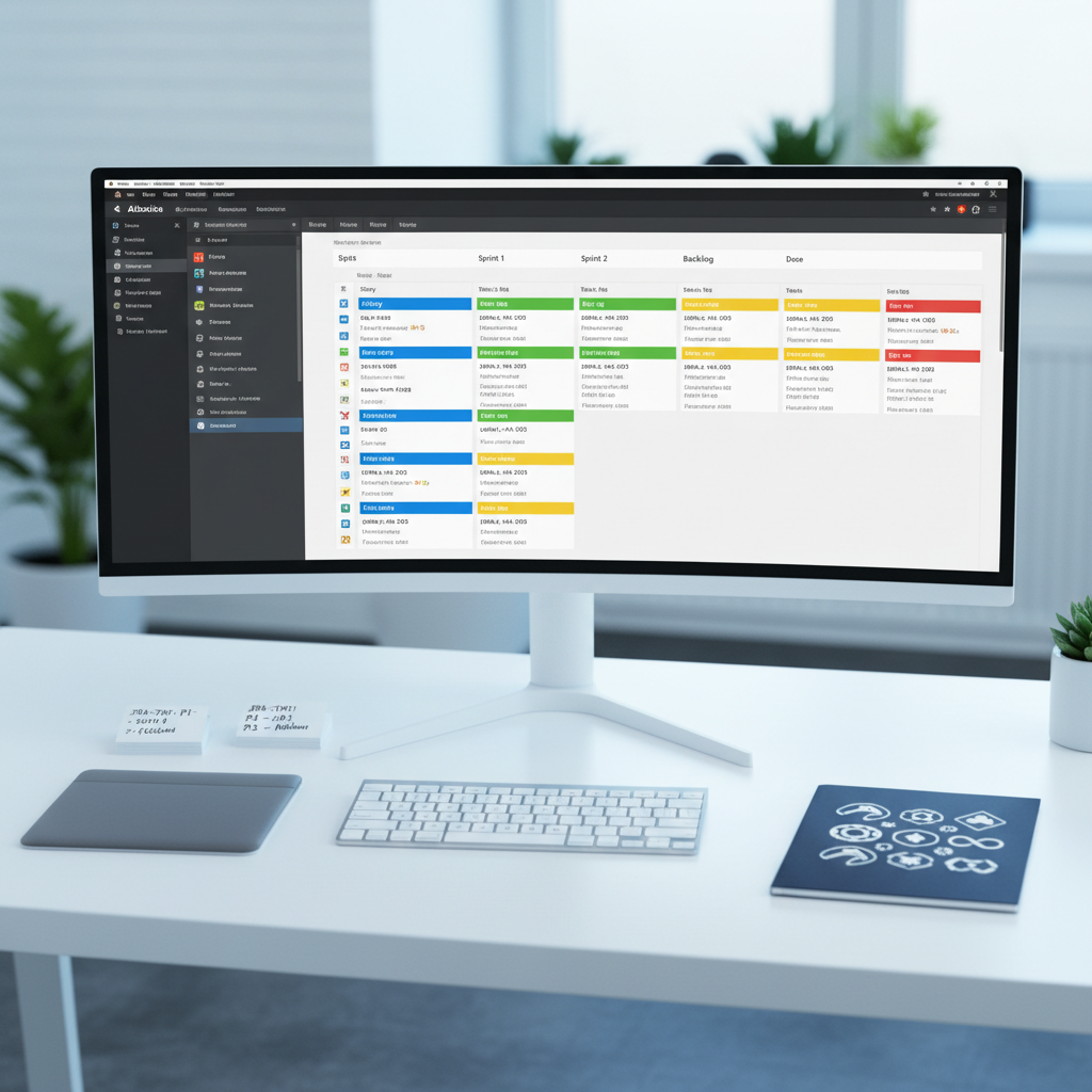 An ultra-wide computer monitor on a minimalist white desk, displaying a vivid Atlassian Jira backlog with color-coded issue cards and sprint columns. Around the monitor lie a graphite-gray trackpad, a slim wireless keyboard, and a small stack of carefully arranged index cards labeled with issue keys and priority tags. A dark blue Atlassian-style icon set is printed on a nearby notepad. Cool, diffused morning light from behind the camera softly illuminates the workspace, reducing glare and giving a balanced exposure. Photographic realism with a slightly elevated angle, sharp focus on the screen and immediate desk surface, and a gentle bokeh on the distant, uncluttered office background. The atmosphere is focused, structured, and highly professional.