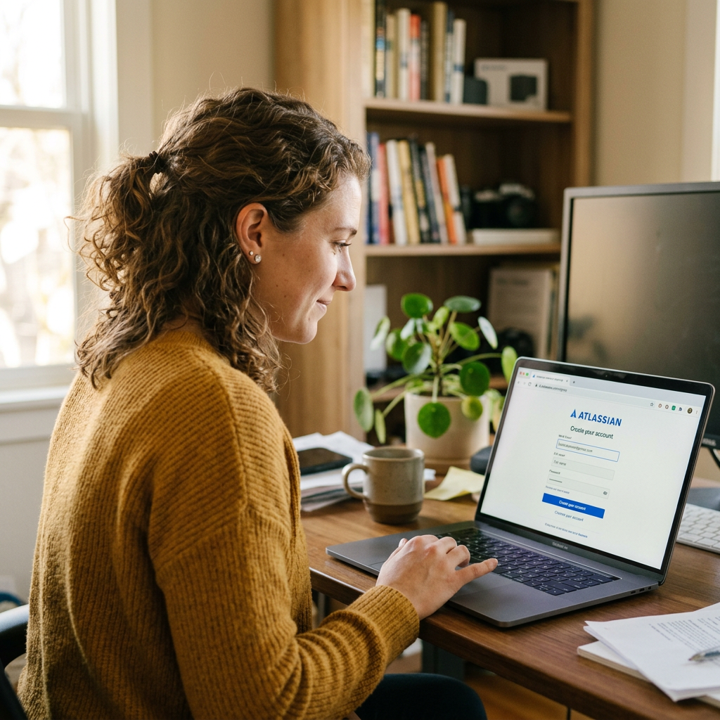 Woman creating an Atlassian account on a laptop at a wooden desk