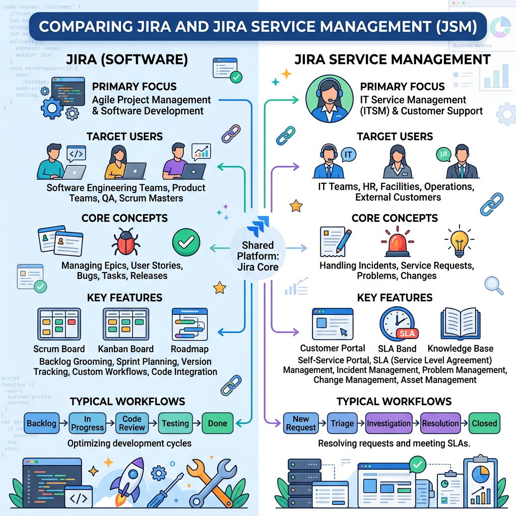Comparison of Jira software focusing on agile development and Jira Service Management focusing on ITSM and customer support