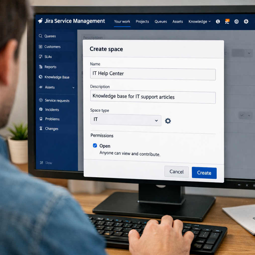 Jira Service Management screen showing Create space window with IT Help Center details