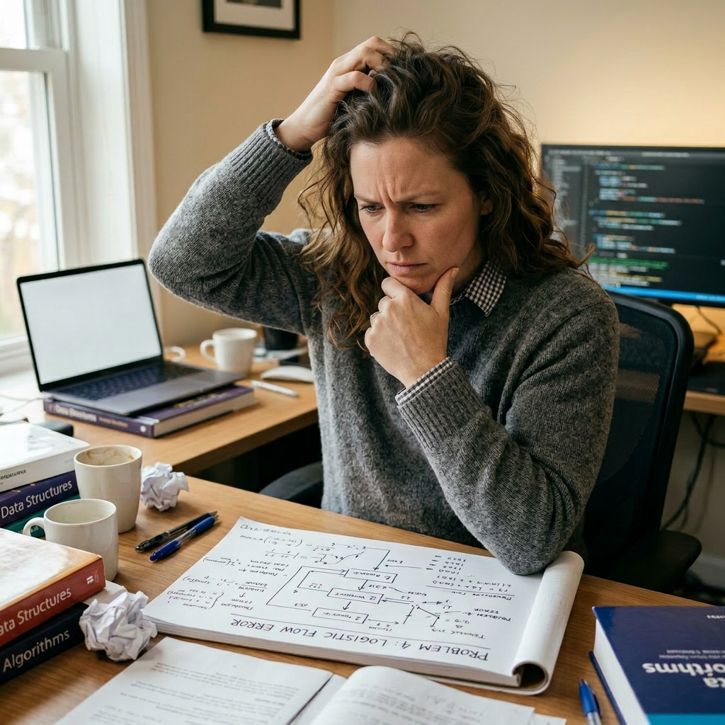 Man frustrated with coding and debugging at desk with computer and programming books