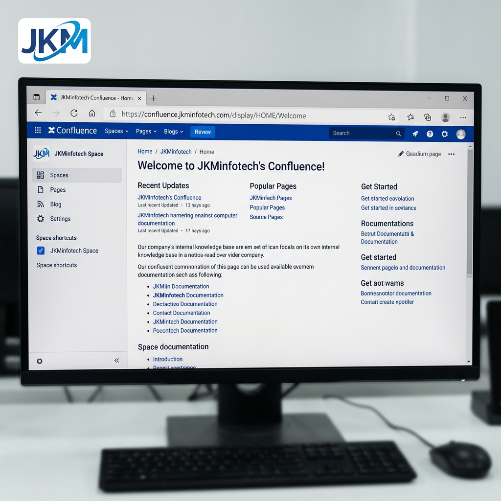 JKMinfotech Confluence homepage showing recent updates, popular pages, and documentation navigation