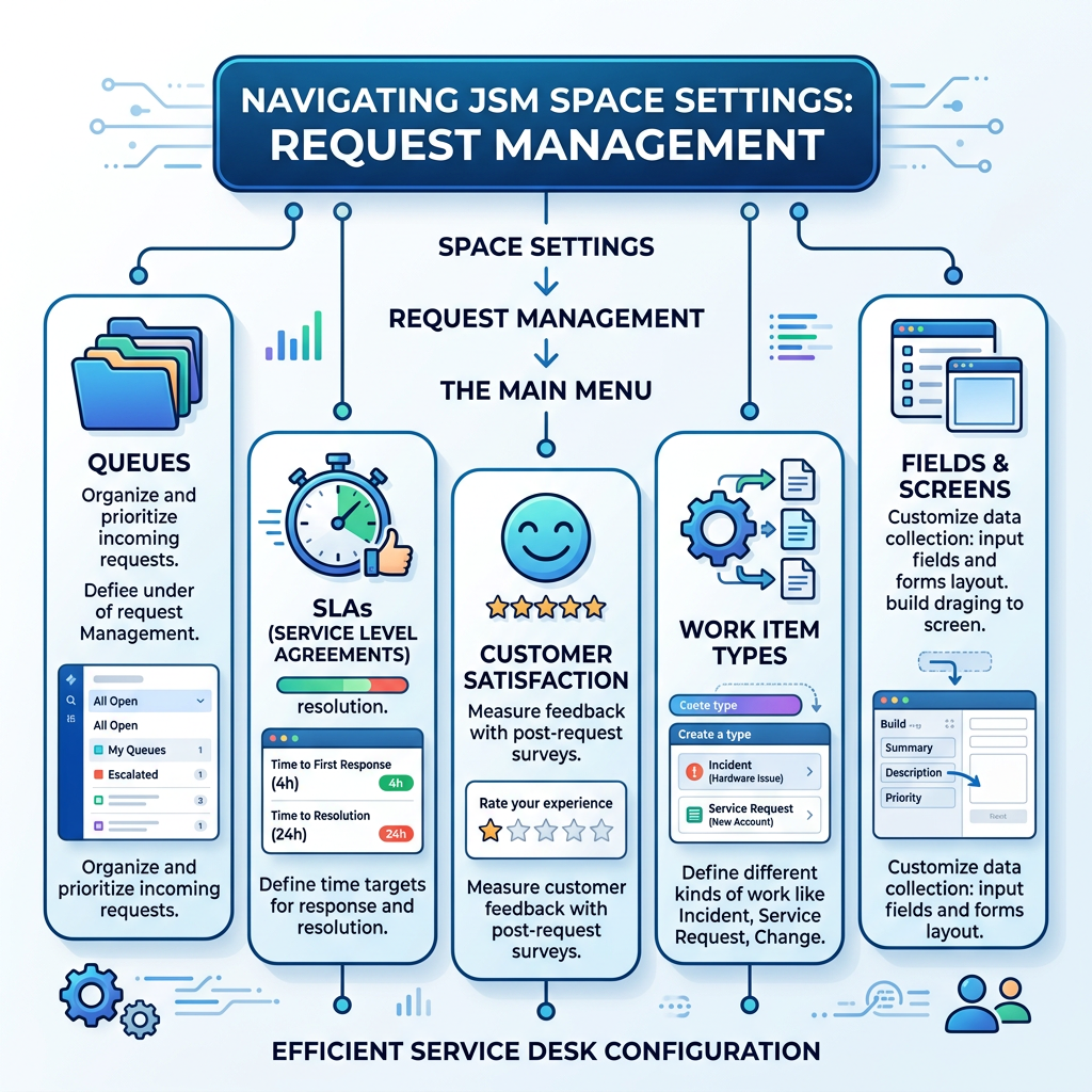 🔧Navigating JSM Space Settings: Request Management >Queues, SLAs, Customer Satisfaction, Work item types, Fields & Screens